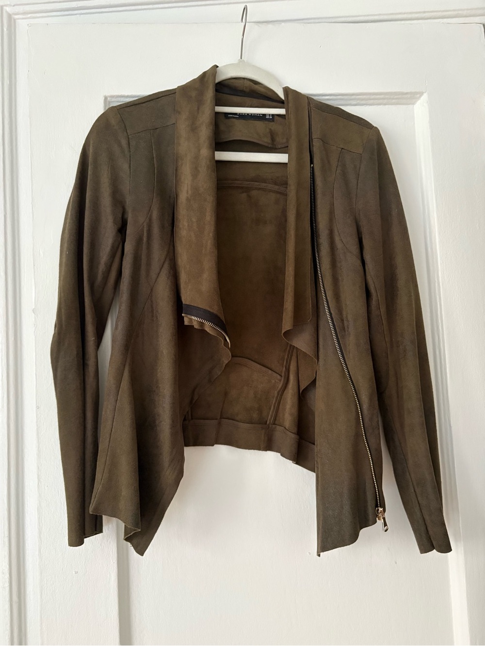 Zara Olive Green Suede Draped Leather Jacket